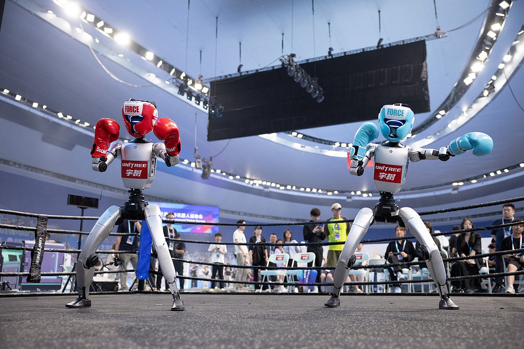 Les robots présentent des compétences en boxe et en combat lors de la cérémonie d'ouverture, 14 août 2025. / VCG