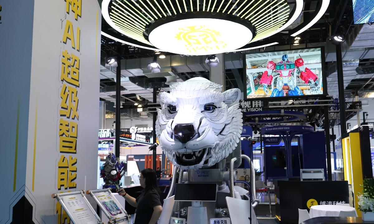 A tiger-shaped piece of intelligent equipment is displayed at the venue of the 2025 World Artificial Intelligence Conference (WAIC) and High-Level Meeting on Global AI Governance in Shanghai. Photo: VCG