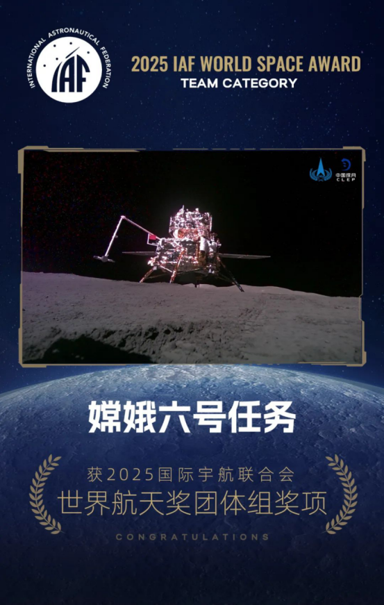 L'affiche officielle de l'IAF de l'équipe de mission Chang'e-6 avec le prestigieux prix mondial de l'espace de la Fédération astronautique internationale (IAF) dans la catégorie d'équipe. / Iaf