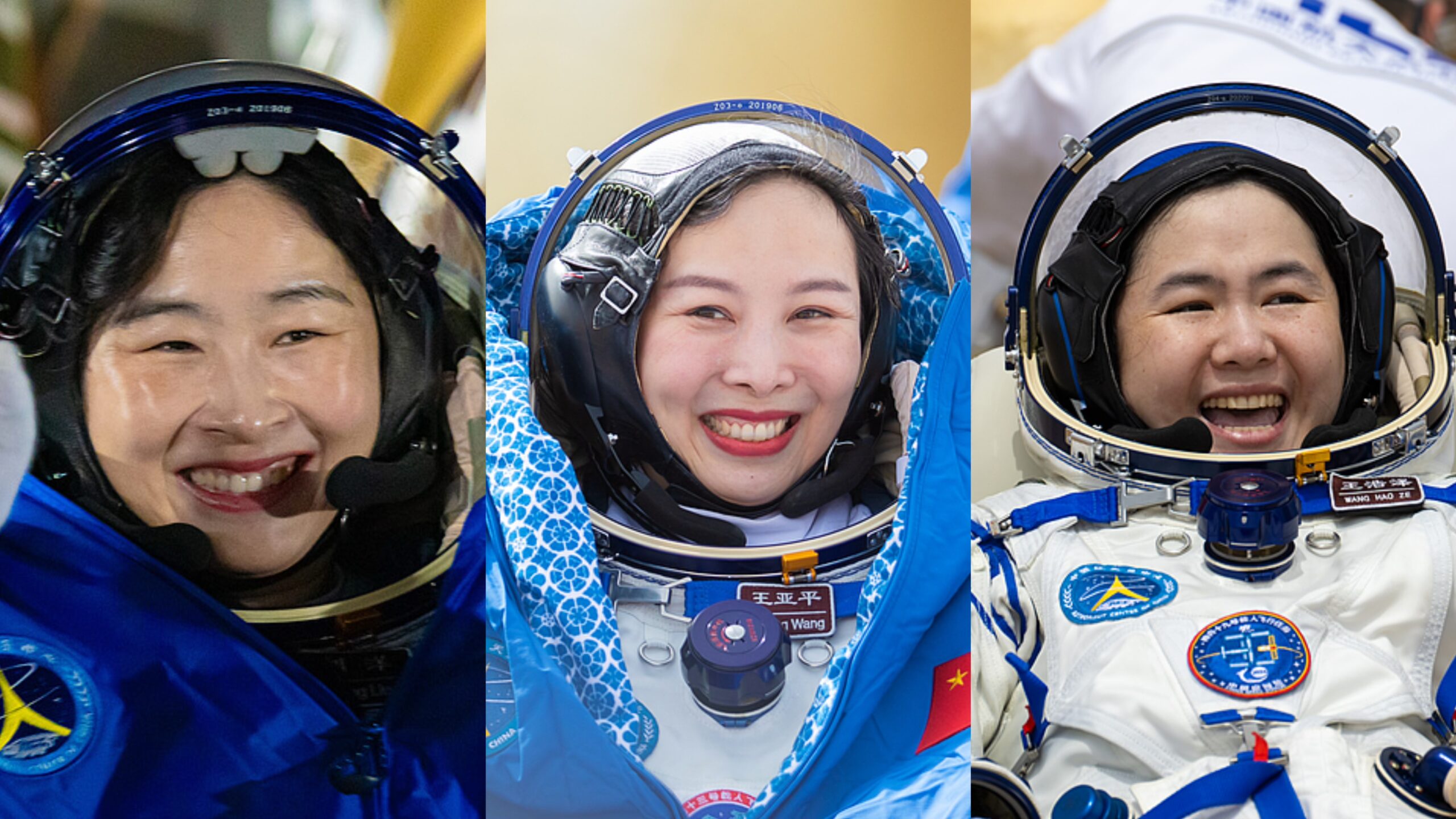 Les astronautes chinois Liu Yang (L), Wang Yaping (C) et Wang Haoze. / VCG