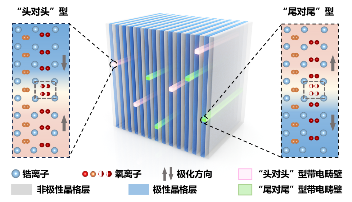 Croquis des parois de domaines chargés unidimensionnels dans un matériau ferroélectrique structuré en fluorine. /Institut de physique, Académie chinoise des sciences