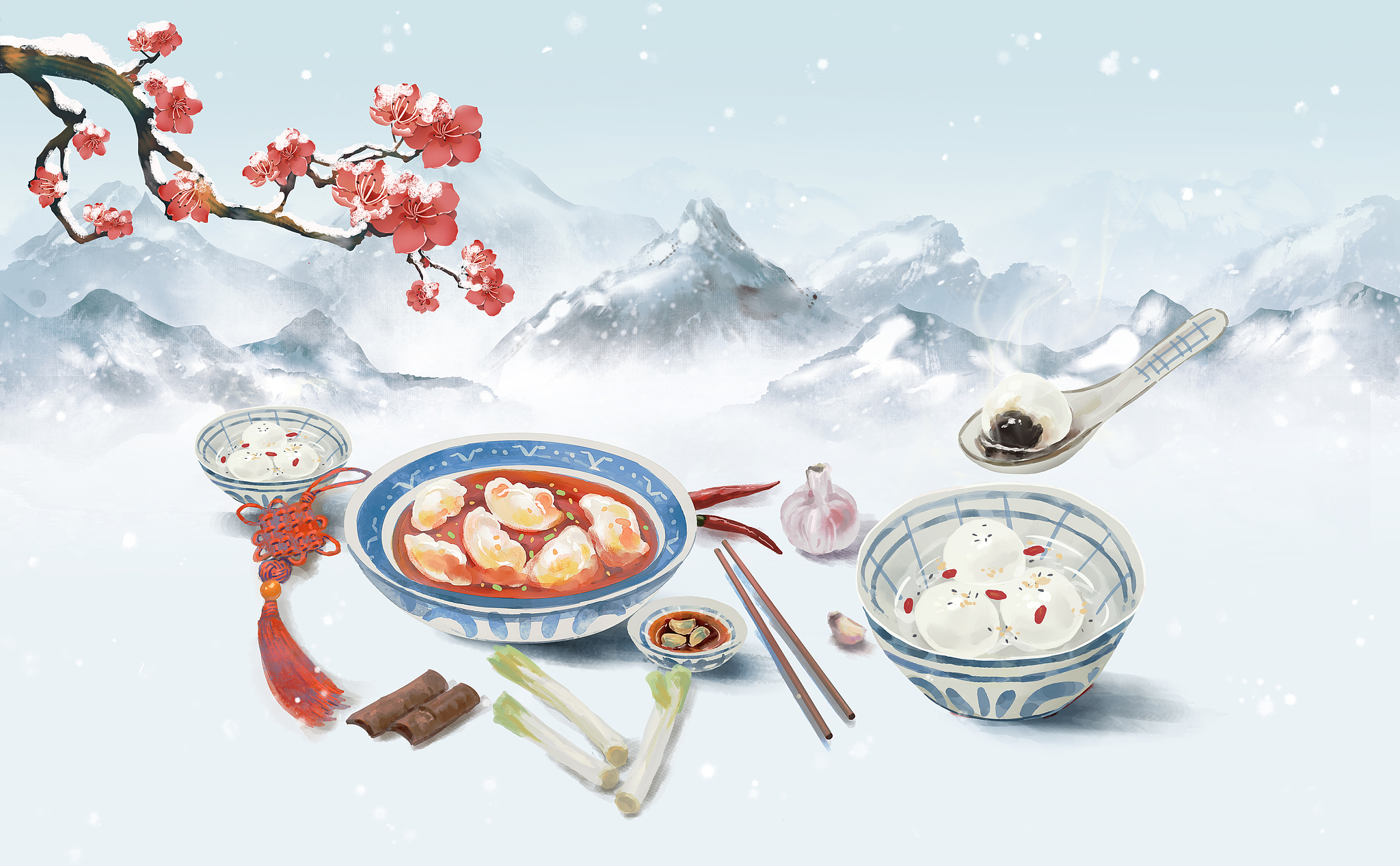 Une illustration dessinée à la main sur le thème de l'hiver avec un fond de paysage enneigé bleu, mettant en vedette des boulettes de riz gluant, des raviolis et d'autres délices du solstice d'hiver. /VCG
