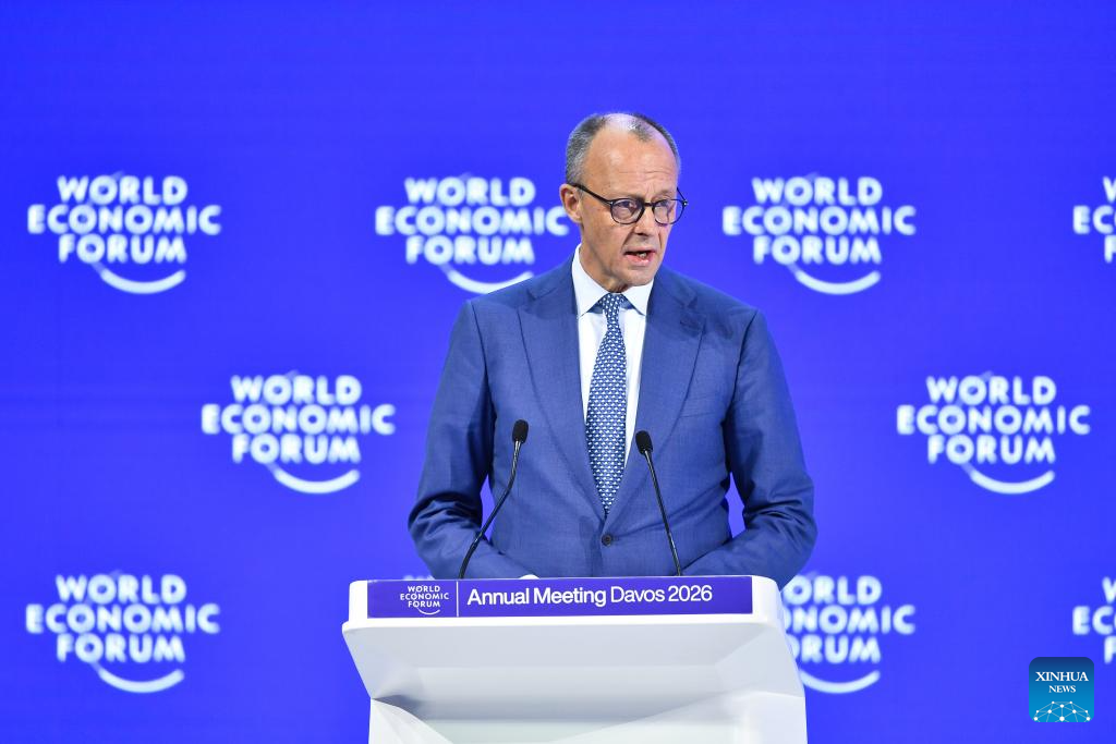 Le chancelier allemand Friedrich Merz s'exprime lors de la réunion annuelle 2026 du Forum économique mondial (WEF) à Davos, en Suisse, le 22 janvier 2026. /Xinhua