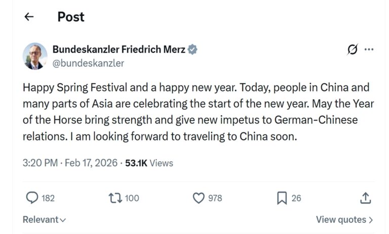 Le chancelier allemand Merz présente ses vœux pour la Fête du Printemps et prévoit une visite en Chine