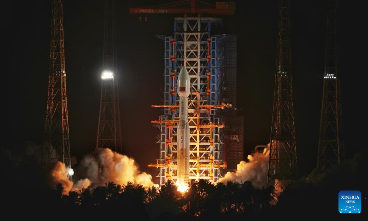 A Long March-8A carrier rocket carrying the 20th group of low-orbit internet satellites blasts off from the Hainan commercial spacecraft launch site in south China
