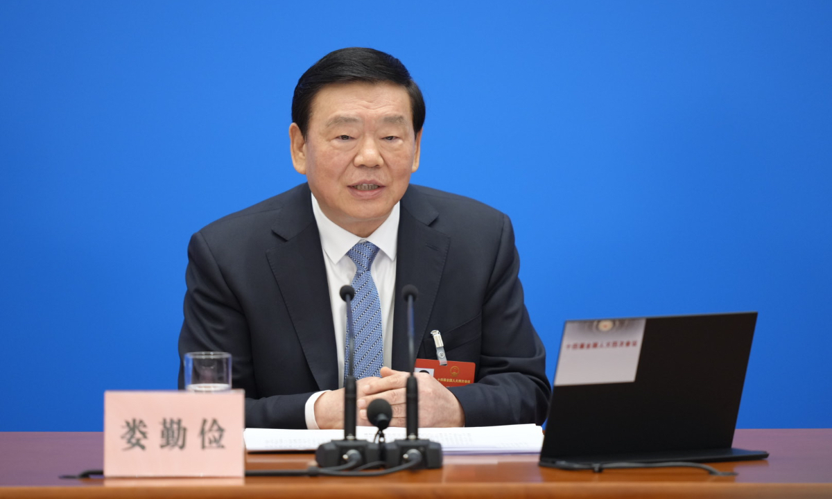 Lou Qinjian, spokesperson for the fourth session of the 14th NPC, briefs the press on the session. Photo: VCG