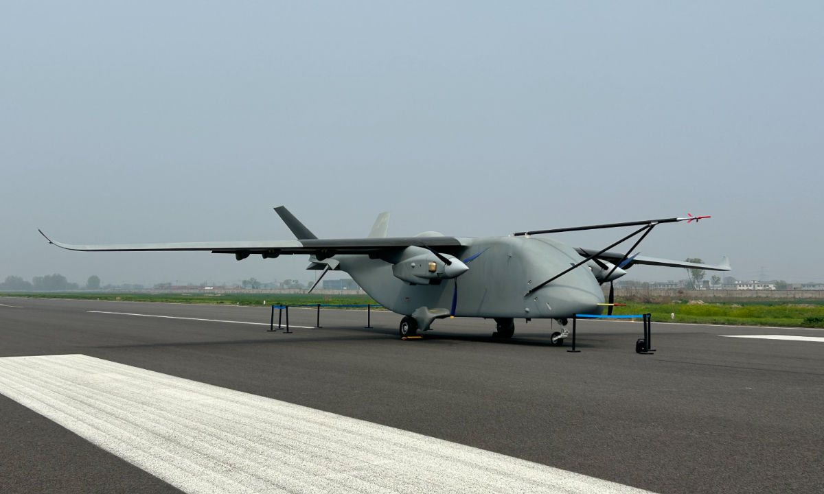The fully domestically developed large cargo unmanned aerial vehicle NORINCO LUCA parks at a test flight site in Zhengzhou, Central China