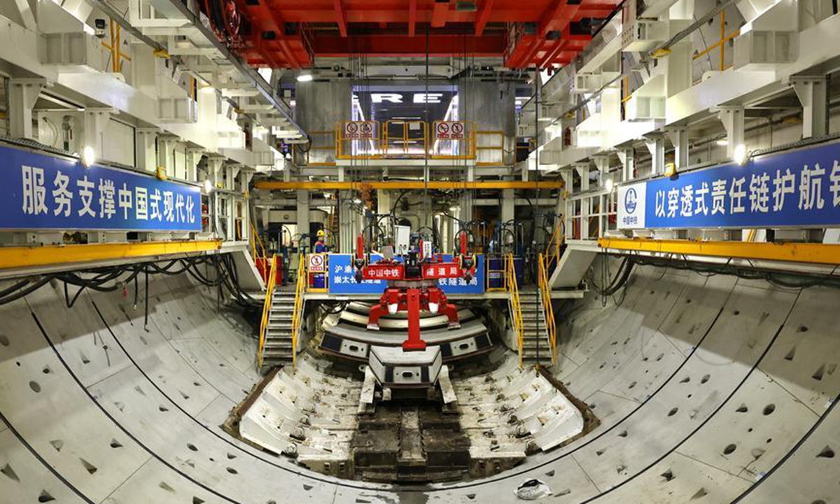 An interior view of the Linghang large diameter shield tunneling machine is seen at the construction site of the Chongming-Taicang tunnel, part of the Shanghai-Chongqing-Chengdu High-Speed Railway, under the Yangtze River, on December 16, 2025. Photo: Xinhua News Agency