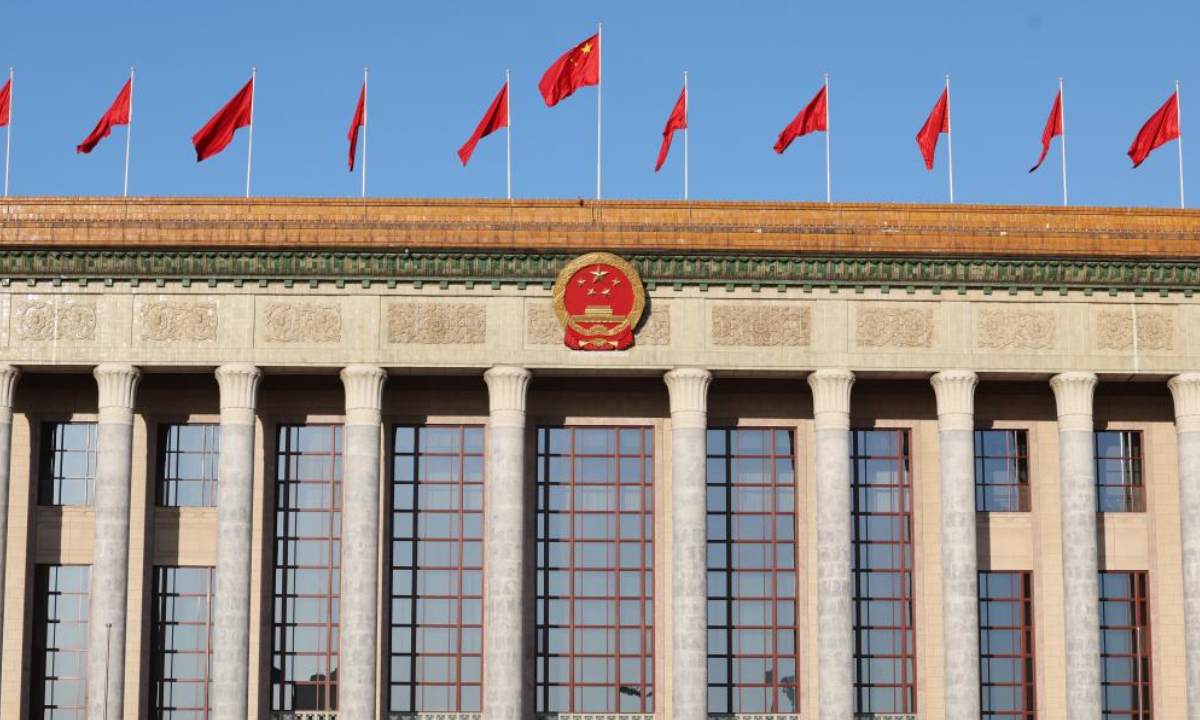 This photo taken on March 9, 2026 shows the Great Hall of the People ahead of the second plenary meeting of the fourth session of the 14th National People