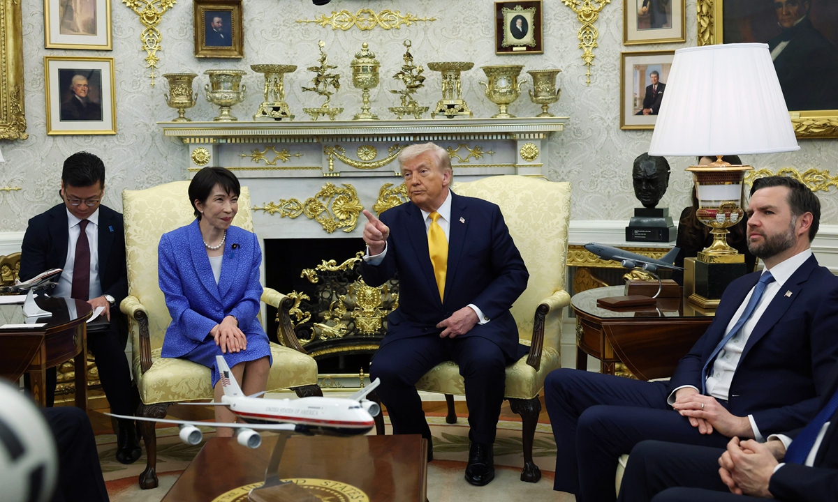 US President Donald Trump and Japanese Prime Minister Sanae Takaichi hold a meeting at the White House in Washington, DC, on March 19, 2026. Photo: VCG