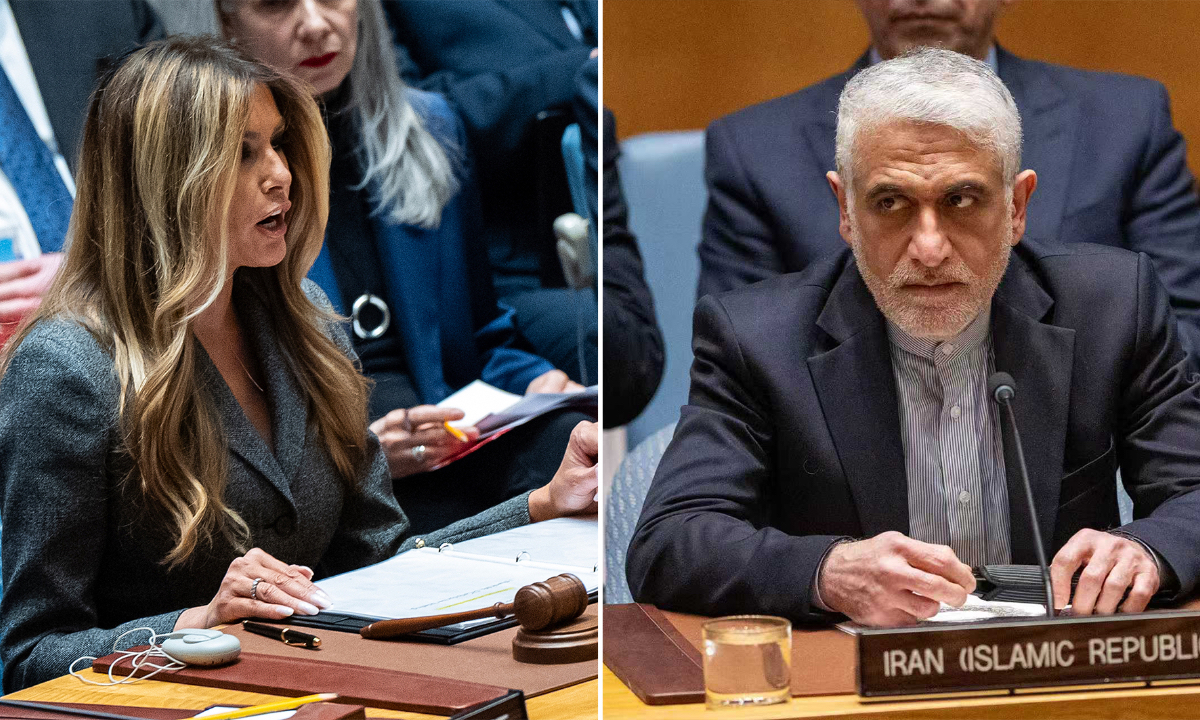 Melania Trump (left), first lady of the United States, presides over the United Nations Security Council at United Nations headquarters, Monday, March 2, 2026. File photo of Amir Saeid Iravani (right), the Permanent Representative of the Islamic Republic of Iran to the United Nations. Photo: VCG