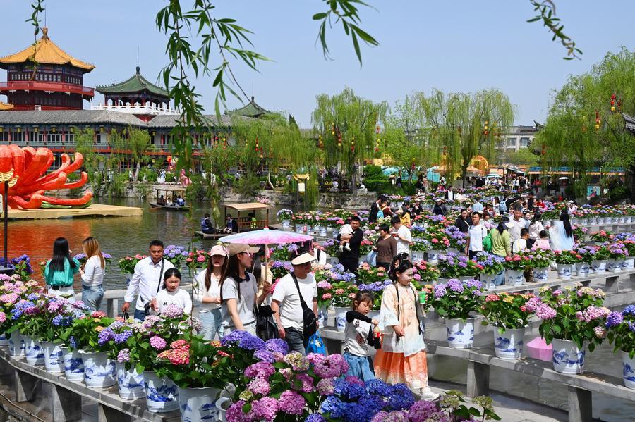 Des touristes visitent le jardin culturel de la forêt de stèles de Hanyuan, dans la ville de Kaifeng, dans la province du Henan, dans le centre de la Chine, le 5 avril 2026. /Xinhua