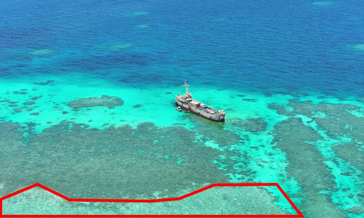 Photo taken by unmanned aircraft shows a great deal of dead corals found in the red polygon. Photo: Courtesy of South China Sea Ecological Center of China