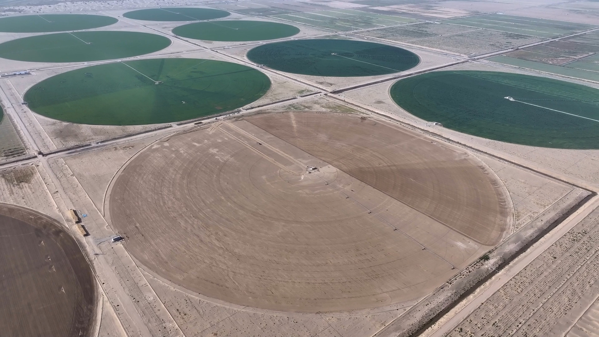 Des fermes en forme de cercle apparaissent sur cette image aérienne prise près de la ville de Kunyu, dans la région autonome ouïgoure du Xinjiang, dans le nord-ouest de la Chine, le 5 octobre 2026. /CMG