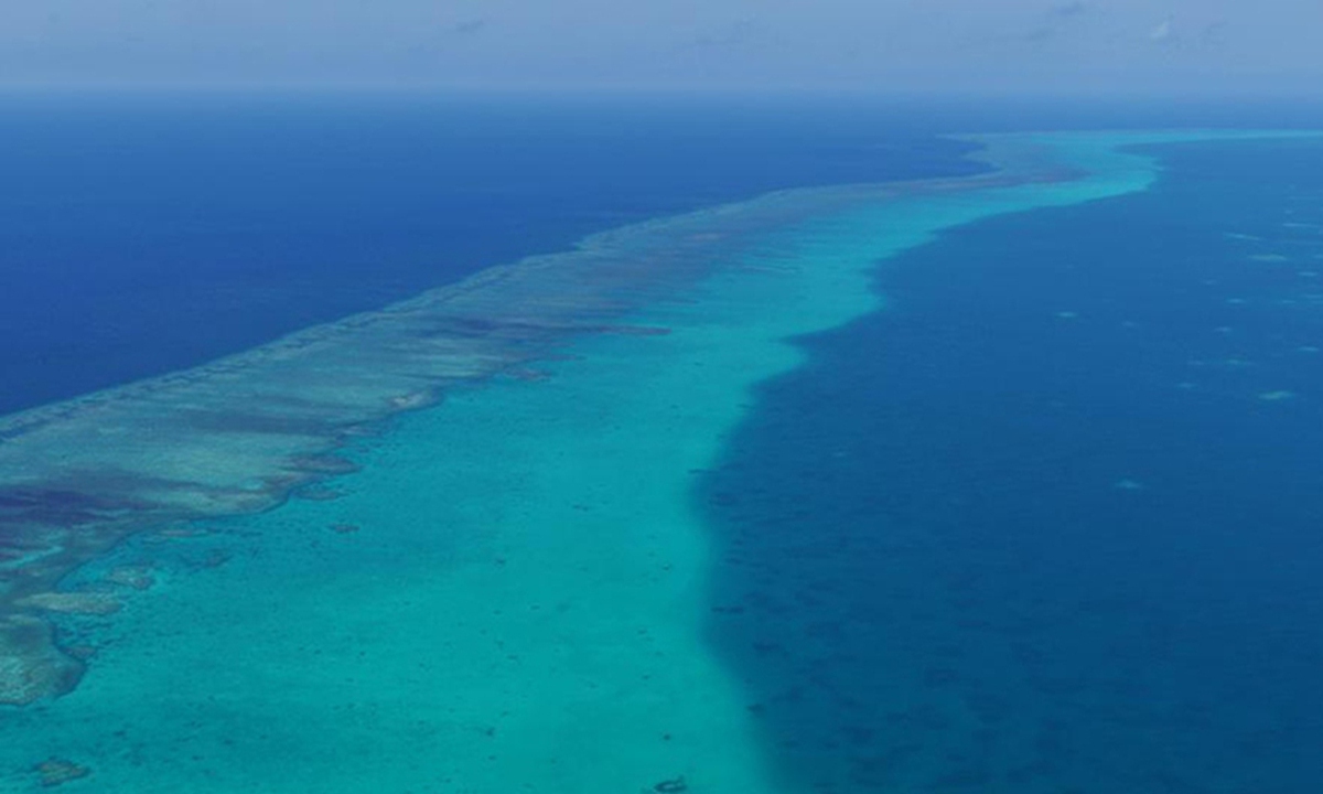 An aerial drone photo taken on May 2, 2026 shows reefs in the territorial waters of China