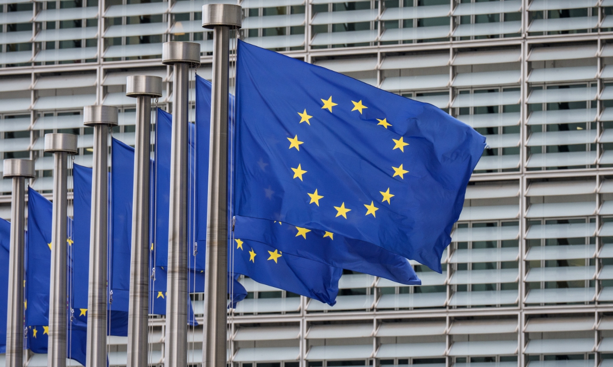 The European Union (EU) flags in front of EU headquarters in Brussels, Belgium. Photo: VCG