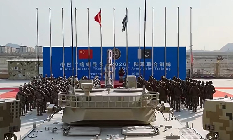 Image of the opening ceremony of the China-Pakistan Karakoram 2026 joint army training held at a training base in Korla, Northwest China