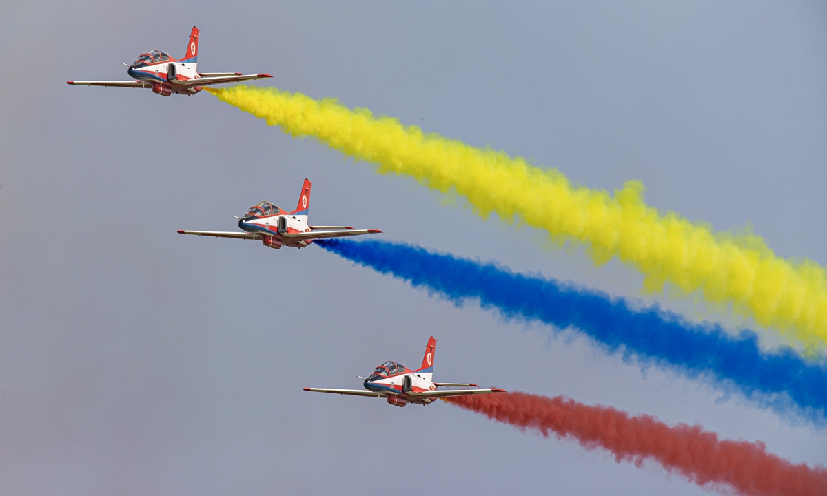 JL-8 intermediate trainer jets, also known as K-8, perform a flight demonstration at the 2023 Changchun Air Show in Changchun, Northeast China