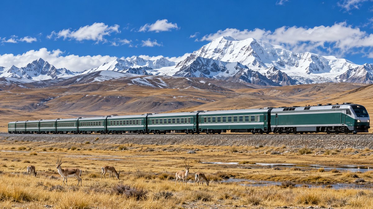 Train de voyageurs traversant le haut plateau tibétain au pied de sommets enneigés